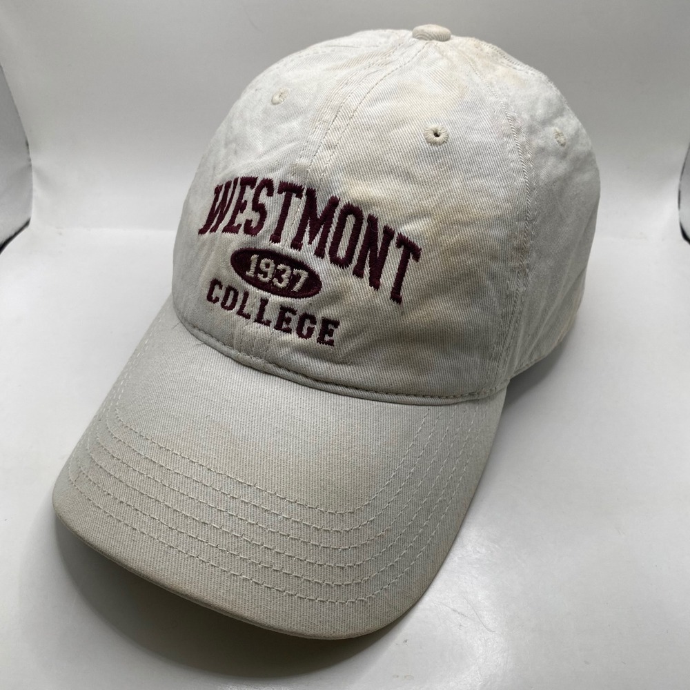 WESTMONT COLLEGE Legacy EZA Hat Cap Adjustable Cream Maroon Embroidered 1937 SEO
